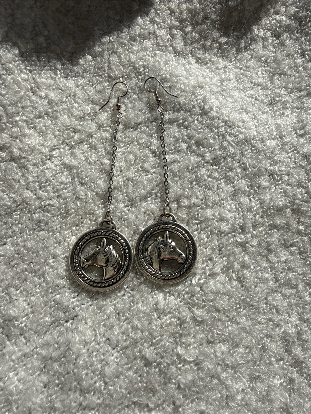 Silver Horse Medallion Drop Earrings with Chain